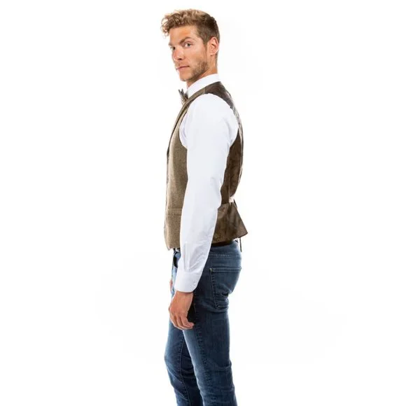 Luxury Notch Lapel Tweed Vest w/ Adjustable Strap Includes Bowtie, Tan - Picture 5 of 5